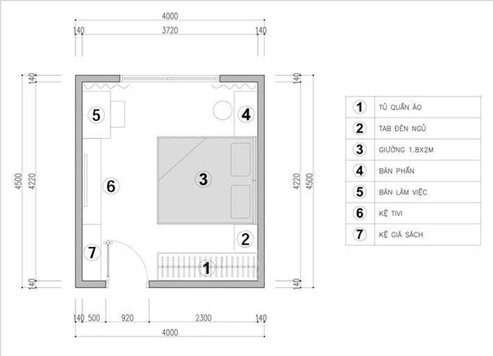 Mặt bằng thiết kế nội thất phòng ngủ master theo phương án 1