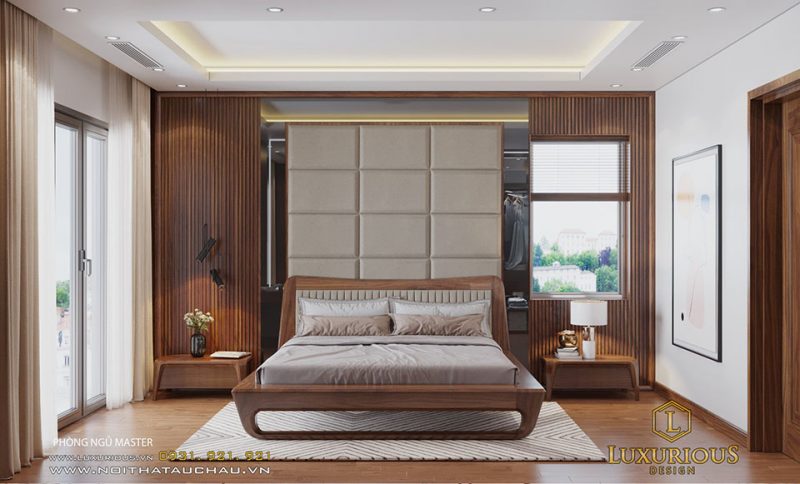 Phòng ngủ nhà phố gỗ tự nhiên đẹp vừa hiện đại vừa mang nét Á Đông khi nhìn vào.