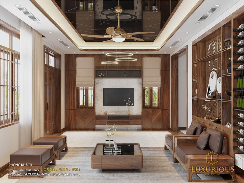 Thiết kế nội thất phòng khách gỗ tự nhiên sang trọng, hiện đại