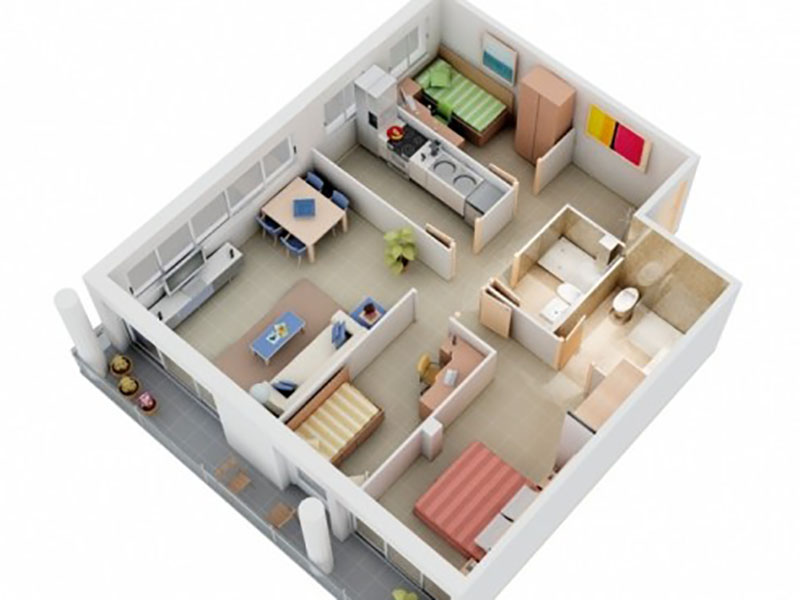 Mẫu thiết kế căn hộ 60m2 3 phòng ngủ
