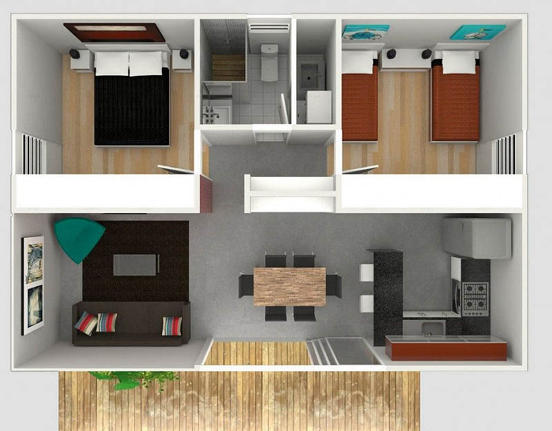 Mẫu thiết kế căn hộ 60m2 2 phòng ngủ