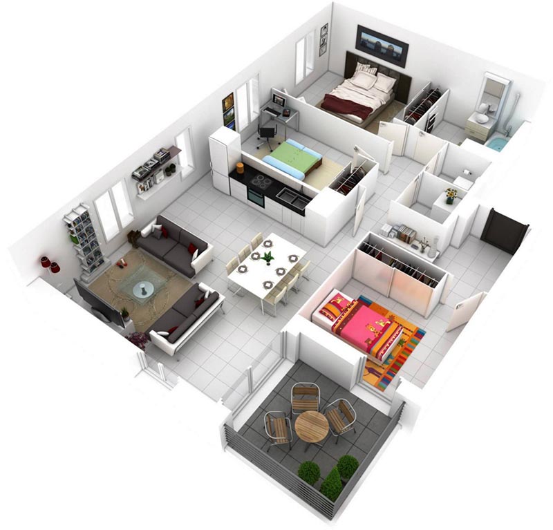 Bản thiết kế nội thất căn hộ 90m2 với 3 phòng ngủ