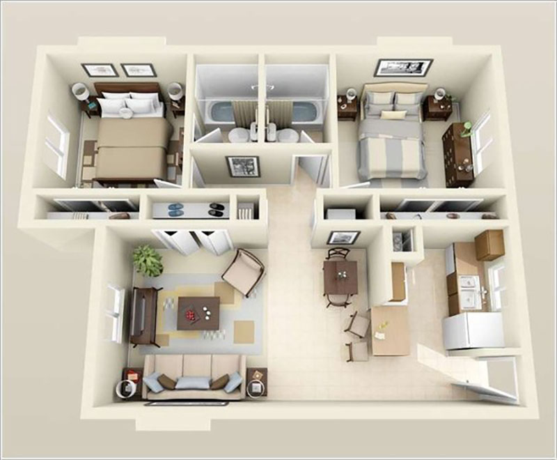 Không gian nội thất căn hộ 60m2 2 phòng ngủ