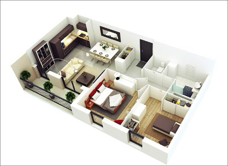 Bản thiết kế căn hộ 60m2 2 phòng ngủ
