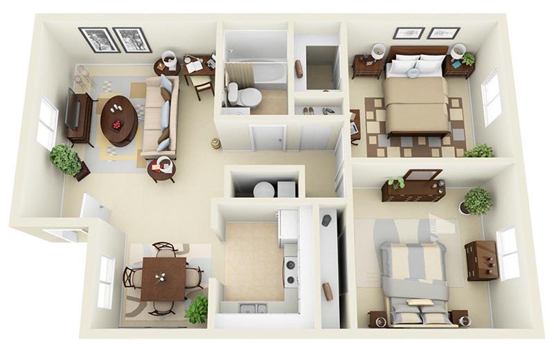 Mẫu thiết kế nội thất căn hộ chung cư 70m2 2 phòng ngủ
