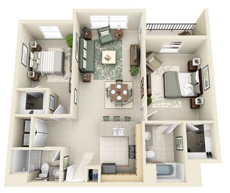 Mẫu thiết kế nội thất căn hộ chung cư 80m2 2 phòng ngủ