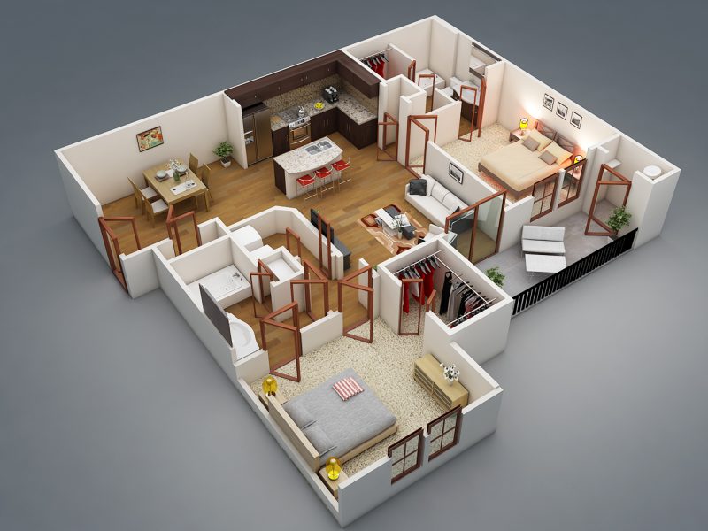 Mẫu thiết kế mặt bằng 3D căn hộ chung cư 2 phòng ngủ 60m2