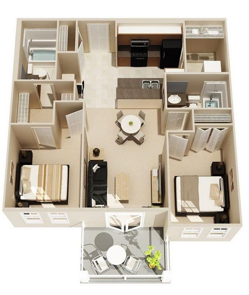 Mẫu thiết kế nội thất căn hộ chung cư 2 phòng ngủ 70m2