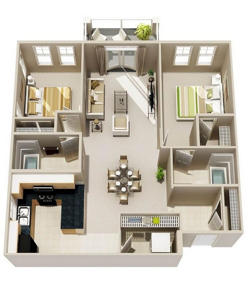 Thiết kế mặt bằng căn hộ chung cư 2 phòng ngủ 70m2
