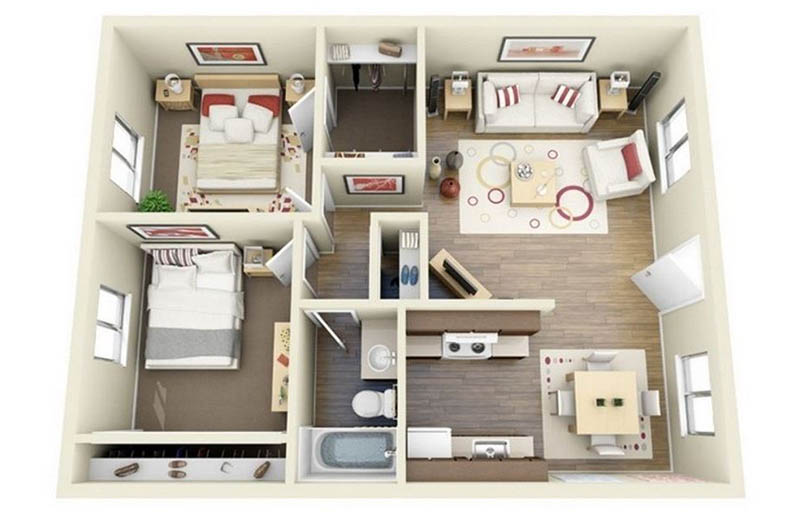 Mẫu thiết kế căn hộ chung cư 55m2 2 phòng ngủ đẹp
