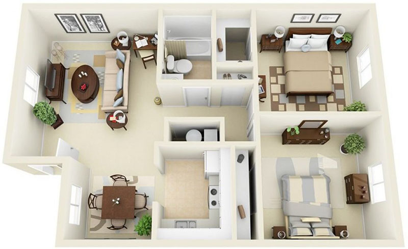 Thiết kế căn hộ chung cư 55m2 với 2 phòng ngủ