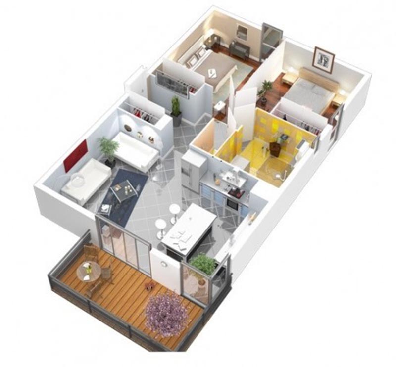 mặt bằng 3D căn hộ chung cư 2 phòng ngủ