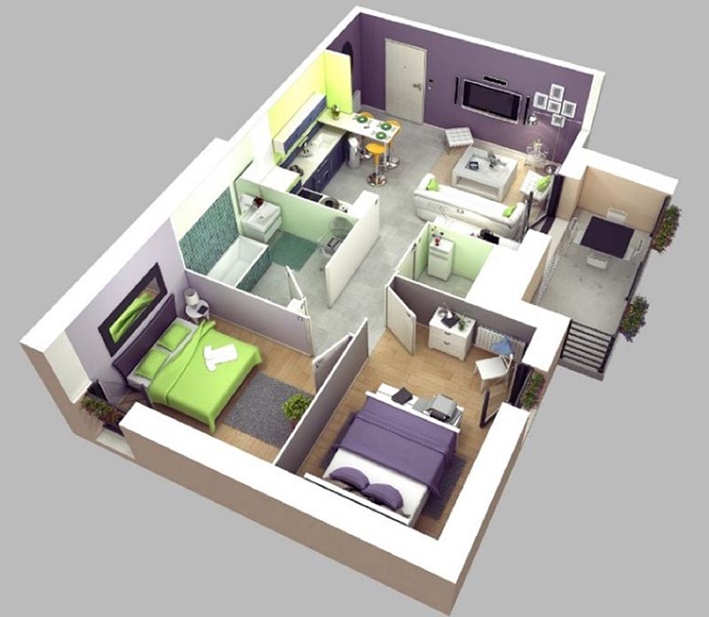 Mẫu thiết kế mặt bằng 3D căn hộ chung cư 2 phòng ngủ
