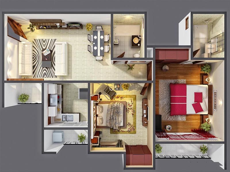 mặt bằng 3D căn hộ chung cư 2 phòng ngủ 55m2