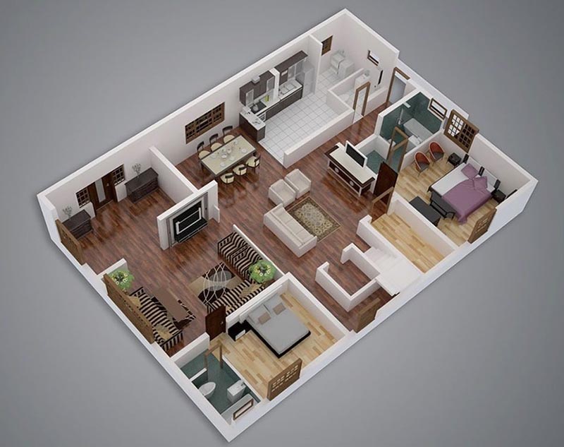 Mẫu mặt bằng 3D căn hộ chung cư 60m2 2 phòng ngủ