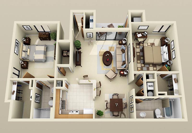 Mẫu thiết kế nội thất căn hộ chung cư 80m2 2 phòng ngủ đẹp