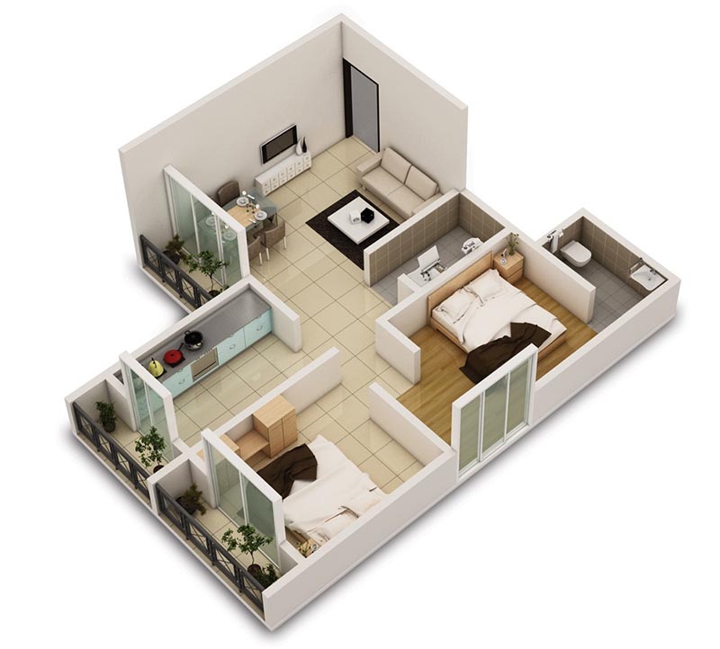 Mẫu thiết kế mặt bằng 3D căn hộ chung cư 55m2 2 phòng ngủ