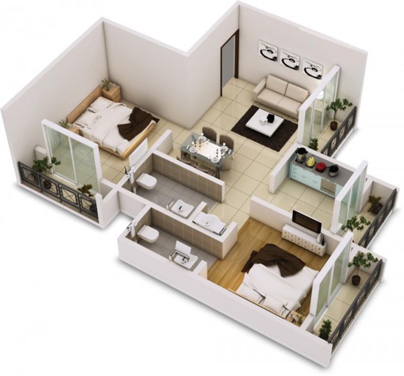 Mẫu thiết kế mặt bằng 3D căn hộ chung cư 2 phòng ngủ 55m2