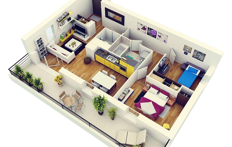 Mẫu thiết kế mặt bằng 3D căn hộ chung cư 60m2 2 phòng ngủ